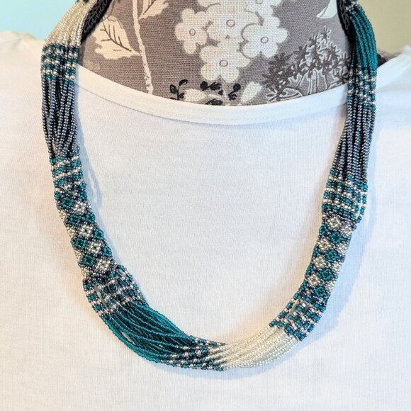 Statement Artisian made T/Clear, Dark Gray Beaded Necklace 1 of a kind! - Picture 1 of 4